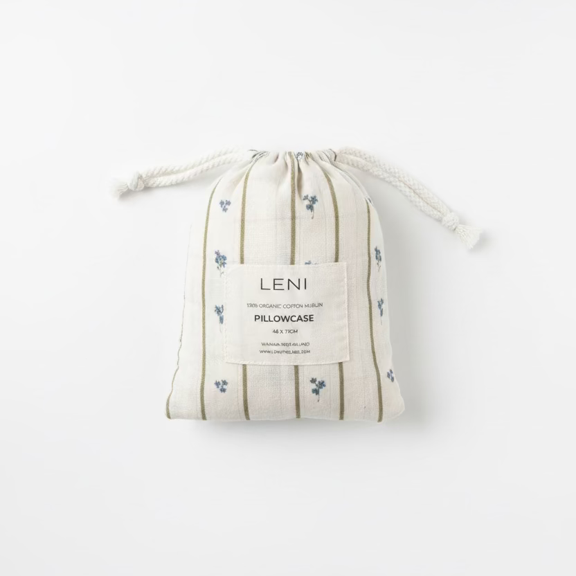 Leni pillowcase with label on a textured surface