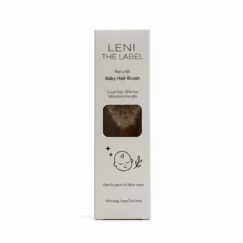 Leni The Label natural baby hair brush packaging on a white background